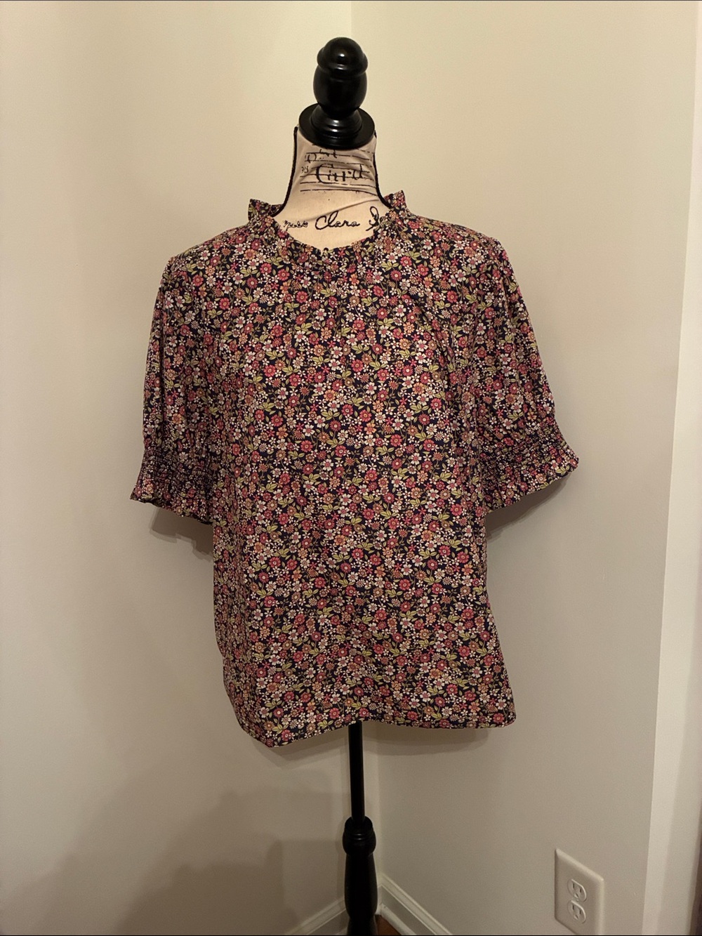 J. Crew Navy Floral Ruffle Collar Puff Sleeve Blouse